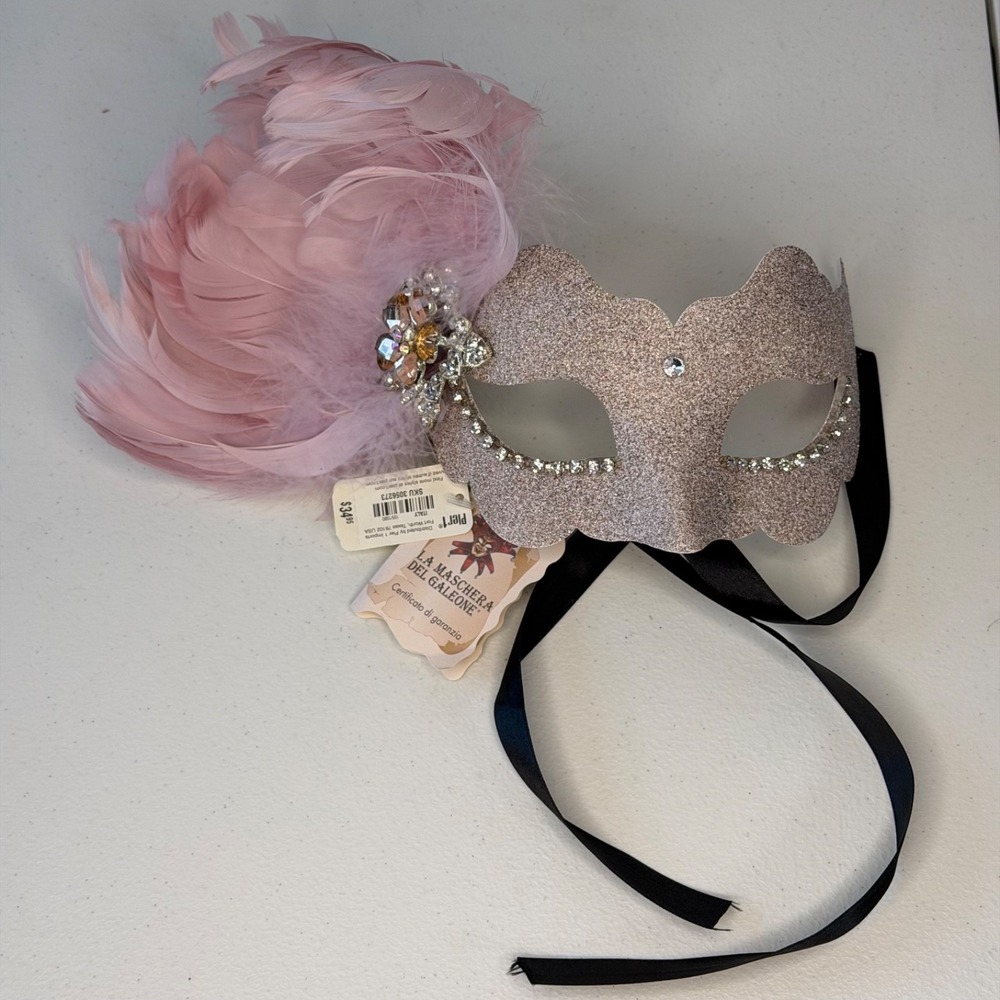 La Maschera Del Galeone Italy Hand Painted Mask Pink Glitter Rhinestones Feather